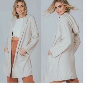 Free People Snow Angel Hooded Longline Knit Cardigan Cream OB889087 Womens L
